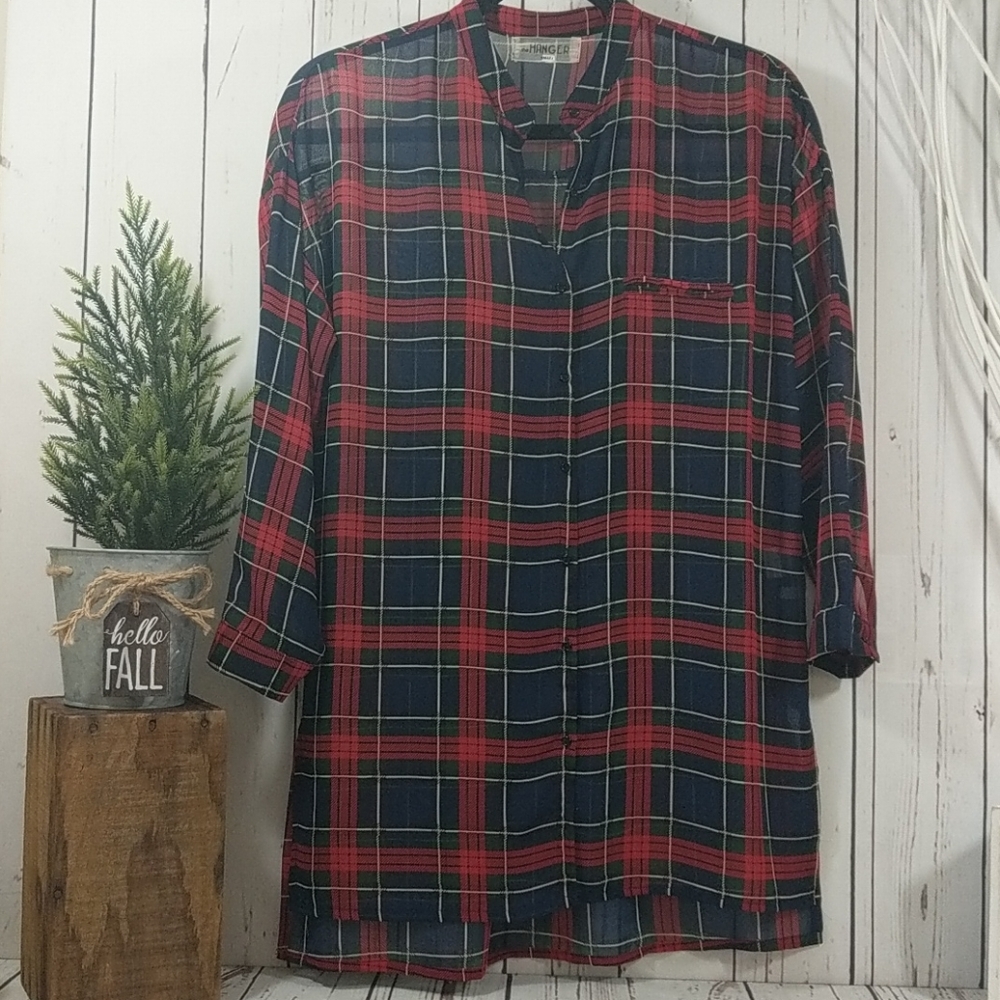 Vintage Polyester Classic Red Tartan Sheer Plaid Tunic Blouseโ Women's Small